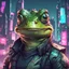 Placeholder: Battletoad looking fierce, in cyberpunk game art style, background city