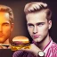 Placeholder:  portrait of blond handsome man with head band and golden watch, behind him another chef in front blurred dark wooden wall, tasty commercial burger, shiny fork and knifes on dinner table with cloth, fantasy art book cover