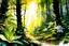 Placeholder: beams of sunlight highlighting a lily growing in a colorful comforting forest den in the light of morning, create in inkwash and watercolor, All nature rocks trees skies sea, landscape of in the comic book art style of Mike Mignola, Bill Sienkiewicz and Jean Giraud Moebius, highly detailed, grainy, gritty textures, dramatic natural lighting