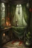 Placeholder: english watercolor, witch's boudoir, mirror, curtains, cobweb, filigree, dried flowers, textiles, candle, magical lighting effect, fairy tale illustration, fine drawing of details with colored pencils, grunge, high resolution, high detail, dark fantasy, dark botanical, beautiful, ISO 100, pixel graphics, hdr, emerald colors, beige, red, deep blue, umbra, grey, dusty rose, gold