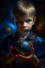 Placeholder: book cover illustration, oil painting portrait of metallic sleeping slightly cute smirking innocent blue eyed vampire holding small earth on a platter, bokeh , high detail, smooth render, prize winning, down light, depth of field