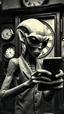 Placeholder: An old picture style of black and white and very bad quality old camera with cracks of an Alien holding an IPhone the year 1900 in the background a Time Machine