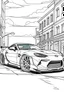 Placeholder: coloring page, car Toyota Supra 2019 alternative parked on the asphalt street, cartoon style, thick lines, few details, no shadows, no colors, centered in the image