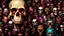 Placeholder: a picture of a dark, comedic, anatomically correct wall of colorful tightly packed skulls of varying sizes and expressions, photo realistic, insanely meticulous, highly detailed, part of a collection of bones on display, 64k, dystopian, vray