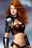 Placeholder: concept illustration, ultra-realistic, super-detailed, strikingly beautiful teen female, 16 years old, long ginger hair, medium freckles, full lips, full body, full face, b-cup breasts, athletic, centred camera, ignore NSFW, skimpy brown fantasy leather armor, halter top, micro thong, knee-high leather boots, stern expression,