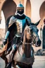 Placeholder: Arab cyborg warrior Full Body Full Armored helmet,Wearing Face Mask Iron Masculine Mysterious Powerful Fantasy High Quality clothes,driving on horse,islamic city background