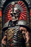 Placeholder: A Roman centurion, transformed into a skull adorned with darts, set against a heavy metal-inspired scene