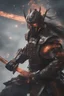 Placeholder: close up of a cybernetic samurai in action, half machine, half man, fighting, chaos and smoke background, 8k, highly detailed and realistic