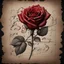 Placeholder: Hyper realistic sketch of a red rose & musical notes on a vintage paper on side with dark background