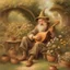 Placeholder: happy old halfing hobbit smoking a long stemmed tobacco pipe and playing smoking lute in his garden