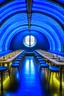 Placeholder: A restaurant whose outer walls are oval in shape, the color of the inside is blue, and its floor is light, with one large table in the middle of the restaurant in the shape of an oval, the length of which is 6 meters.