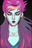 Placeholder: Asian androgynous woman, in detailed 80's graphic novel illustration, piercings, rainbow hair, androgynous look, epic colour treatment, cinematic colour treatment