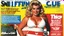 Placeholder: SNIFFIN’ GLUE magazine high res photo cover by Russ Meyer: special issue #42 on the business of adult pull-up thick diapers, seen from bellow, guest star: blonde Sally knows that there were incontinent women like herself with large busts out on the beach and she is missing adult ultra thick pull-up diapers with the matching bras. Her concept is to pair diaper designs with bra designs, specifically themed for surfing.
