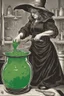 Placeholder: Witch gripping the handle of a spoon with both hands to stir a huge cauldron with green bubbling liquid