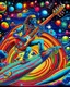 Placeholder: Rock and Roll Guitar Player playing a six string les paul guitar and Surfing on a Rocket in outer space with colorful planets around him in the style of Laurel Burch.