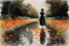 Placeholder: Night, one woman, orange flowers, gothic horror movies influence, puddle, epic, winslow homer watercolor paintings