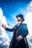 Placeholder: man magician looking at the sky changing the weather sunny day