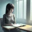 Placeholder: girl studying in room, anime style