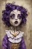 Placeholder: full color, illustration of a darkpurple and gold tones, menacing, Singer Melanie Martinez face, as a decayed, broken, crude homemade cloth doll toy, with a narrow cracked porcelain face, thick dark eyebrows, hair in two gradually, made from ragged strips of cloth, in the style of Alex Pardee, Tim Burton, and Nadya Sheremet