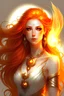 Placeholder: Create a dnd character. She's a summer eladrin with delicate features and innocent stunning beauty. She's a circle of the wildfire with flames surrounding her. Her red wild haired is made of flames while her golden eyes are liquid fire. She has sun-kissed skin. Her clothing style gives the feeling of a phoenix