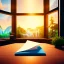 Placeholder: desk, parquet, sheet of paper, little pen, in front of one huge bay window with large view on a waterfall with warm light, sunset ,pixar style, panorama, nature, globe, HD