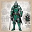 Placeholder: ConceptSheet for AD&D in the comics Head Lopper style by Andrew MacLean: the green knight Arthurian Lore Concept: helmet, armour, and weapons with their blueprint: sword, shield, helmet, plate, and all the package of a knight-errant