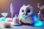 Placeholder: cute chibi plushy fluffy knitted and embroidered natural colored owl with cake in a kitchen, feathers, iridescent flowers incorporated, light emitting, bioluminescent holographic room, silver foil, sparkling diamonds, holographic raw pearls, ethereal, cinematic postprocessing