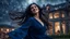 Placeholder: Hyper Realistic Photographic Low-Angle View Of A Beautiful Young Pashto Woman With Beautiful Eyes Lips & Nose (Wearing Beautiful Traditional Navy-Blue Dress Her Beautiful Long Black Hair Whirling In Air) Happily Whirling & Smiling Outside A Fancy Navy-Blue Mansion Heavy Rainfall Night with Thunderstorm Showing Dramatic & Cinematic Ambiance.