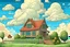 Placeholder: illustration, a house, garden, lots of clouds