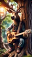 Placeholder: portrait of hairy rock guitar ninja moose living inside a tree house in a hollow huge tree growing light bulbs,bokeh like f/0.8, tilt-shift lens 8k, high detail, smooth render, down-light, unreal engine, prize winning