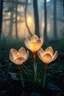 Placeholder: Hyper-realistic glass crocuses that glow from the inside, located in a forest clearing. The flowers are transparent, with exquisite details, their petals seem to be made of glass, with the smallest reflections of light and a texture similar to ice. A soft, warm light flickers inside the flowers. In the background is a fairy—tale forest covered in fog, with magical glowing elements and soft rays of sunlight filtering through the foliage. There is a light, almost imperceptible sheen in the air, an