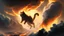 Placeholder: cat flying on a cloud, over a hellscape of fire and brimstone, with a shadowy figure in the background