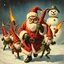 Placeholder: there is no kebabs at christmas, evil Santa, evil gnomes running around, staring flaming eyes, evil Rudolf, very big evil angry Frosty the snowman in background, kebabs and kebab, 1940 christmas postcard
