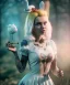 Placeholder: Ultra realistic wonderland photo, happy blonde Alice smoking a pipe, blue dress, white rabbit pet, circus dress style, old school tattoo, smoke, marijuana garden, glow eyes, perfect iris, soft color, highly detailed, unreal engine 5, ray tracing, RTX, lumen lighting, ultra detail, volumetric lighting, high definition.