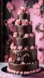 Placeholder: stunning chocolate wedding cacke with black and pale pink chocolate decorations, high realistic, high detalied, sharp focus, dynamic lighting, stunning, blur background with pale light