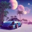 Placeholder: 1980's aesthetic vaporwave palm trees with moon with porsche in the winter snow with lightning