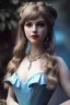 Placeholder: alice wonderland, blue dress, young woman, starry eyes, sinematic depth of field, alfons mucha, clay model, art blender,