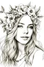 Placeholder: Draw a pencil sketch with white background of the face of a beautiful lady having white hair on her shoulders and wearing a flower crown on her head and flower necklace and flower earings