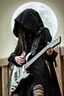 Placeholder: goth girl(dressed as the grim reaper, hood down) rockin' on the guitar, leaning back