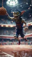 Placeholder: full figure portrait of a giant dunking basket player vampire werewolf goblin gremlin hanging long jump over wet soil in front of dome court, in the style of Gorillaz,bokeh like f/0.8, tilt-shift lens 8k, high detail, smooth render, down-light, unreal engine, prize winning