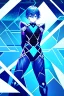 Placeholder: neon blue, floating triangle of light orbiting behind the back, cyber armor, geometric patterns on armor, male, orbiting triangle