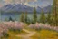 Placeholder: Mountains, lake, flowers, pathway, pine trees, clouds, edouard manet impressionism painting