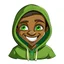 Placeholder: a brown skin coloured cartoon boy with big head smiling with green eyes and green black hoodie