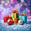 Placeholder: Create multicoloured Christmas cards with gifts and balls around small snowflakes and multicoloured background