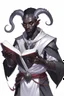 Placeholder: En male black skin tiefling fra dnd holding a book with Arcane Magic simple swirling around them in a silver and White Rope