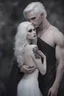 Placeholder: Close up of an Attractive goth man holding his goth girl, he is looking mysteriously at the camera with her back faced to the camera. Dark eyes, White hair, ,super realistic, smoky background