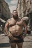 Placeholder: viril strong chubby mature russian man sunbathing, sitted on an empty street, 32 years old, dirty tank top, tattoo, bullneck, hands behind the neck, ripped dirty shorts, manly chest, very hairy, short beard, big shoulders, relaxed, photorealistic, well defined facial features, half figure photography, view angle from the ground