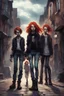 Placeholder: First plan: Black cat with three 13-15-year-old detectives - two brothers with red hair. One is tall and skinny, second is chubby and a girl with a punk look, dark clouds and brown hair, strong make-up. Second plan: a group of teenagers turned into computer-addicted zombies. Everything is located in an old town.