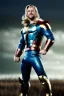 Placeholder: retro portrait image from 1960, sky background, wind, extra long blonde hair, fighting stance, young Chris Hemsworth, clean shave face, black dress, classic long tight lycra black suit, 2 steel disc in busty, big red cap, silver arms, gold bracelet and belt, high boots, soft color, highly detailed, classic comic Thor style, unreal engine 5, ray tracing, RTX, lumen lighting, ultra detail, volumetric lighting, 3d, finely drawn, high definition, high resolution.