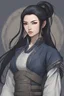 Placeholder: asian female warrior mage with long black hair that was pulled back behind her head in a loose ponytail . The dark hair contrasted and complimented her soft facial features. Below her left eye there is a tattoo of fine lined design that looks like a solid line. She had a fashionable yet practical jacket of a midnight blue overtop a silver steel chest plate and underneath it all a modern cut of mage robes the color of cream with ornate blue edging.Made with a pathfinder kingmaker art style